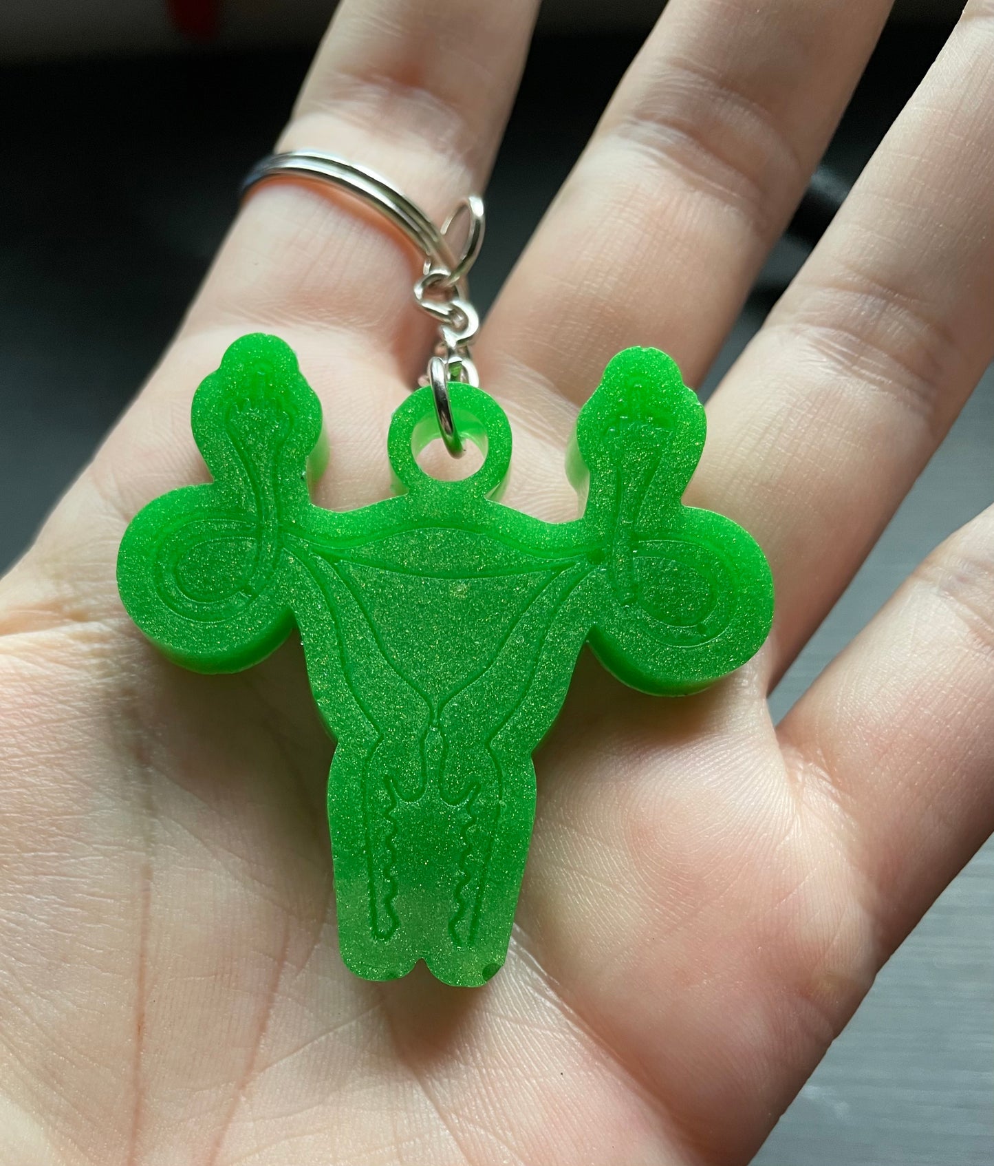 Green angry Uterus keychain